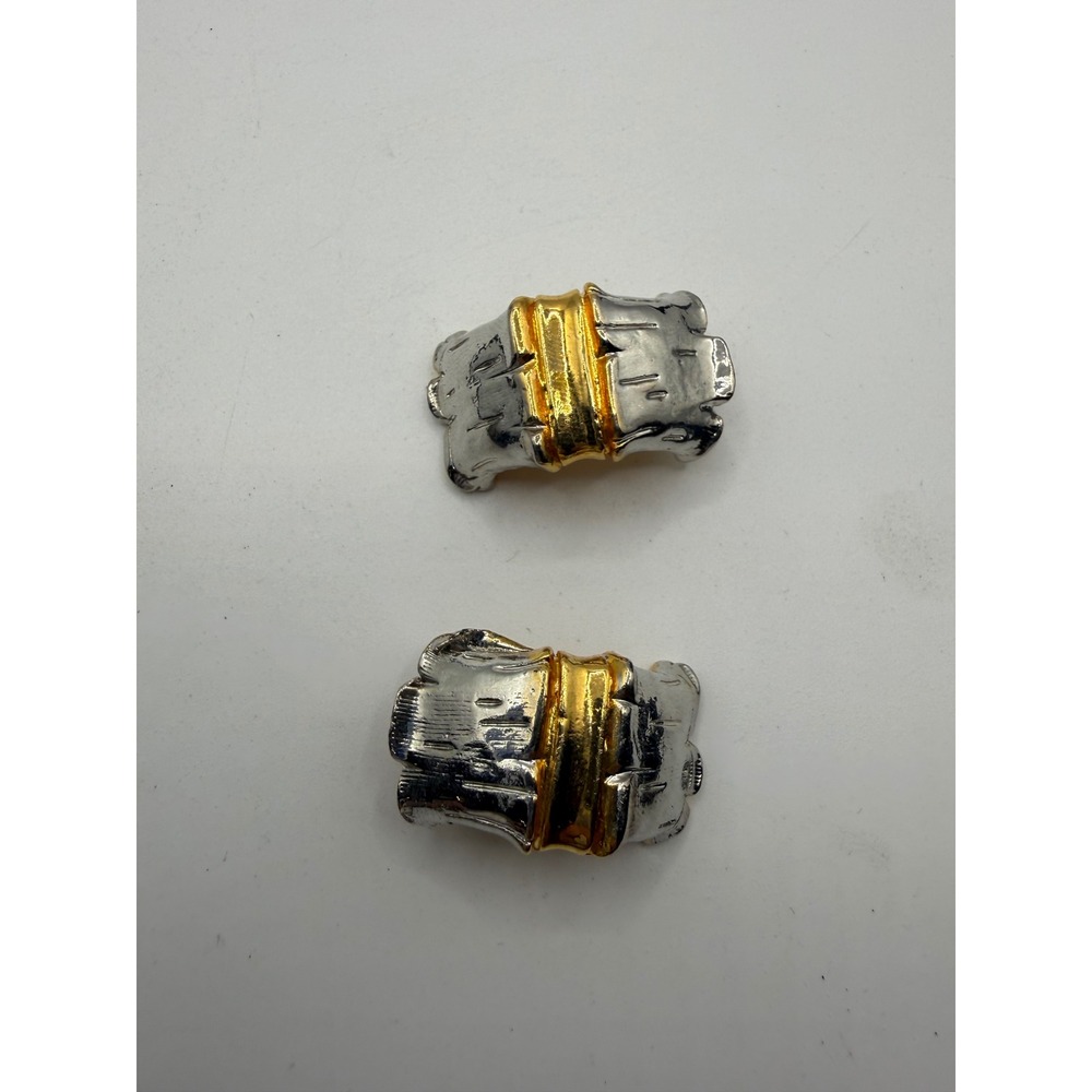 Vintage Two Tone Silver Gold Textured Bark Clip On Earrings Mixed Metal Chunky